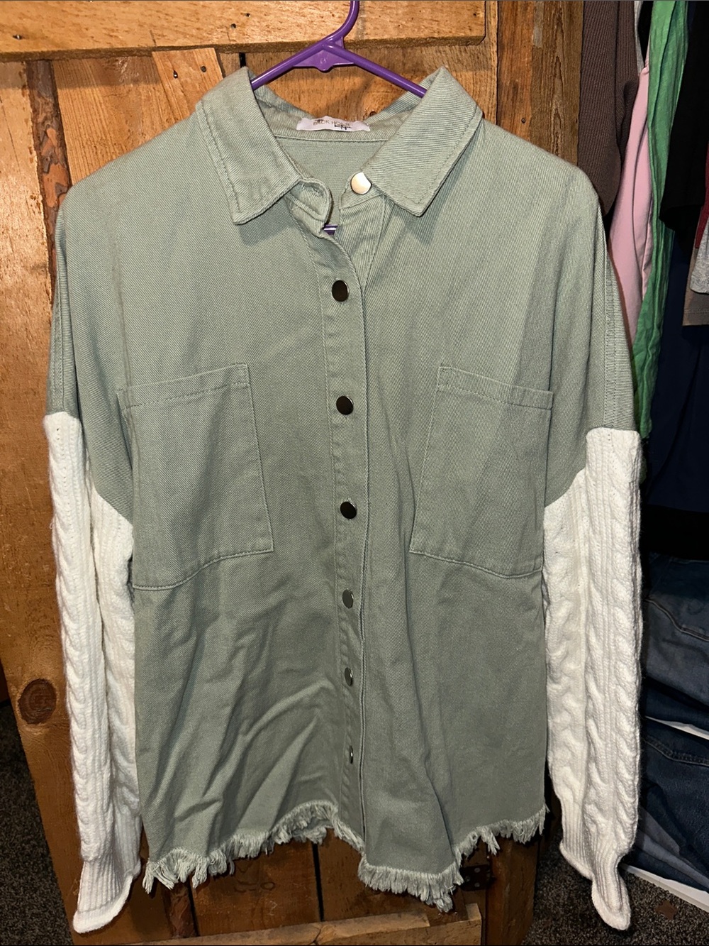 Light Sage Green Button-Front Jacket with White Cable Knit Sleeves